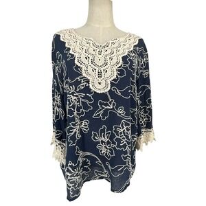 Cabana Cay Womens Large Navy Blue Floral Embroidered Crochet Lace Cotton Blouse